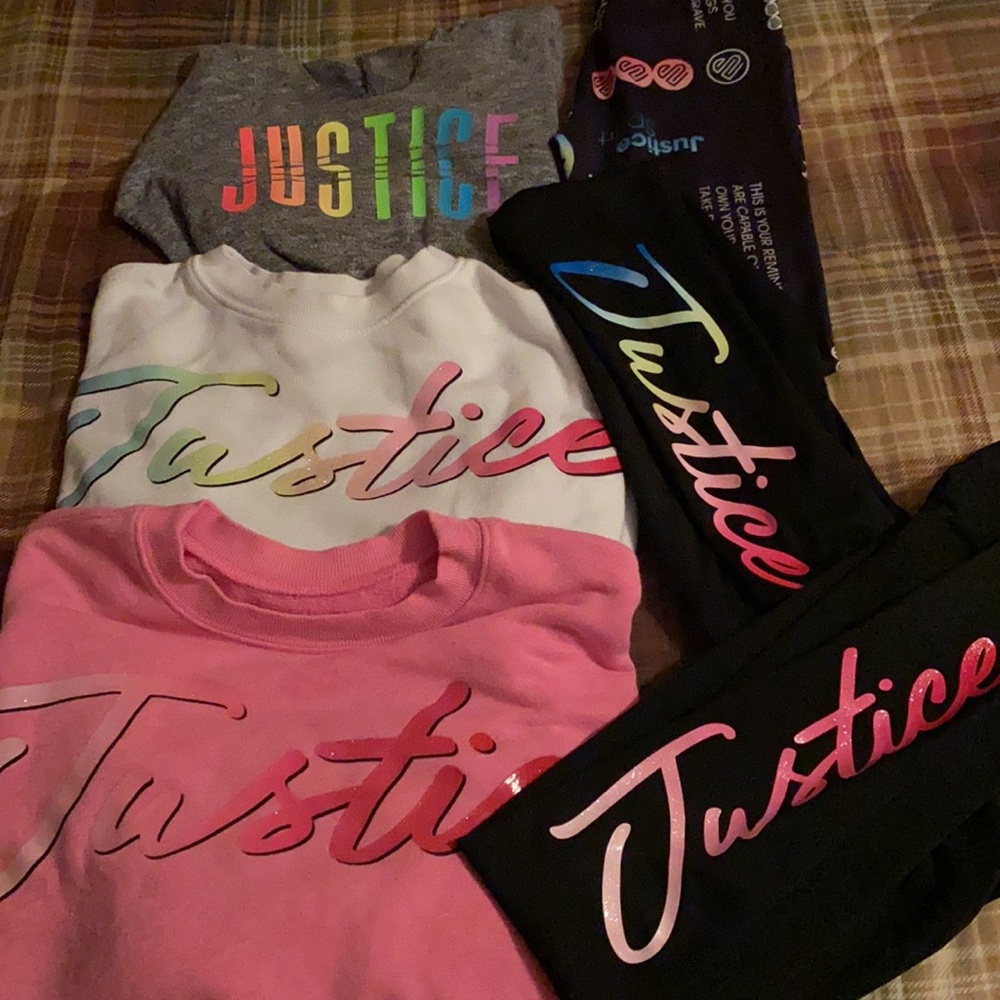3 Justice outfits..tops with matching leggings..perfect condition size 10